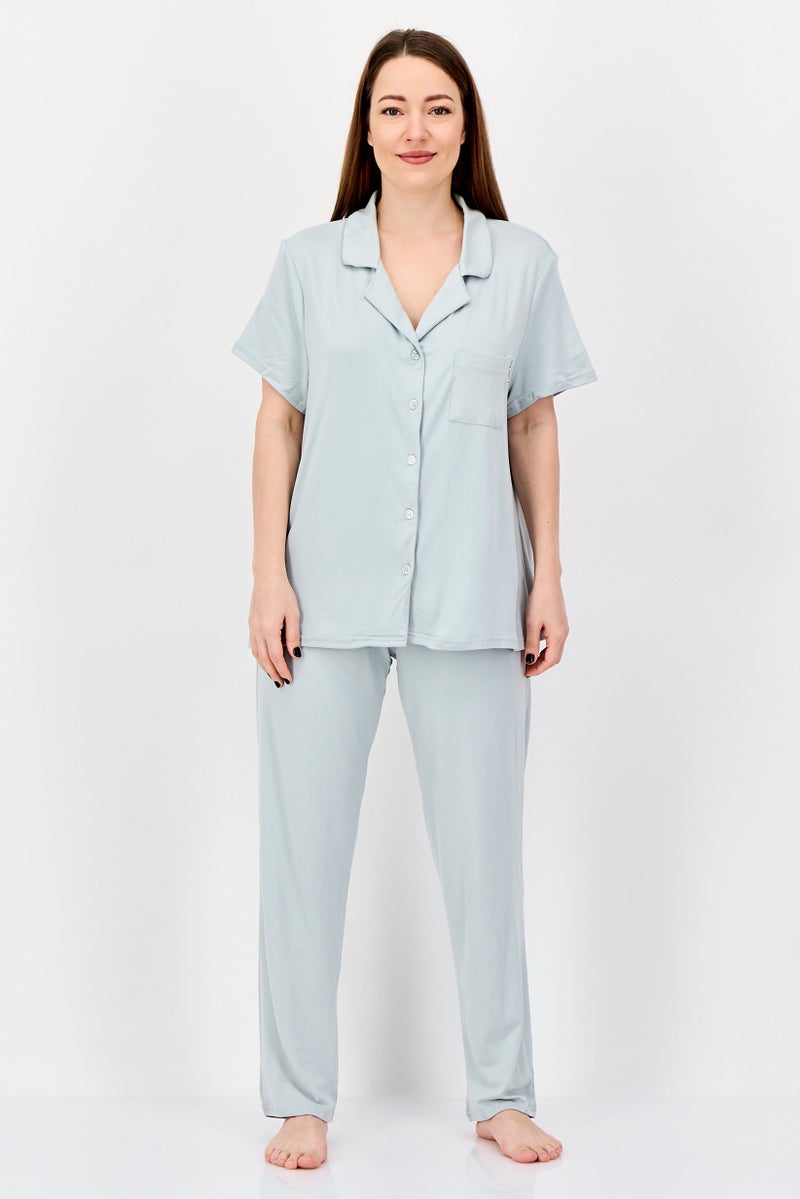 NINE WEST Women 2 Pieces Plain Top And Bottom Pajama Set, Light Grey - Image 1